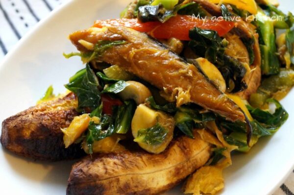 fish stir fry and roasted plantain.