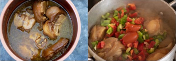 cooking cow leg in a pressure cooker and another image illustrated the cow leg being cooked in peppers.