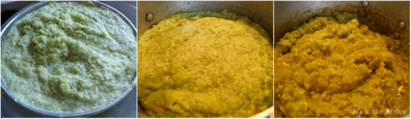 image collage of blended green pepper on a sieve. 