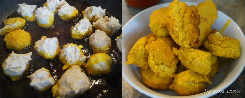 process shot of how to make lumpy egusi by frying it in palm oil.