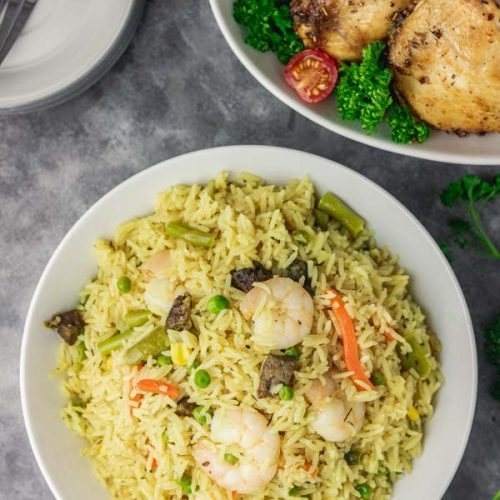 Nigerian fried rice and chicken.