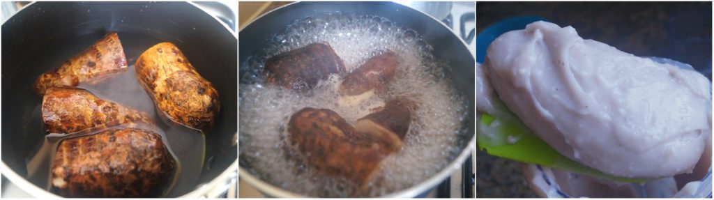 image collage showing process of boiling cocoyam and making it into paste
