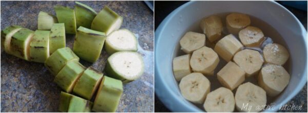 images of raw sliced plantain on kitchen worktop and in a bowl