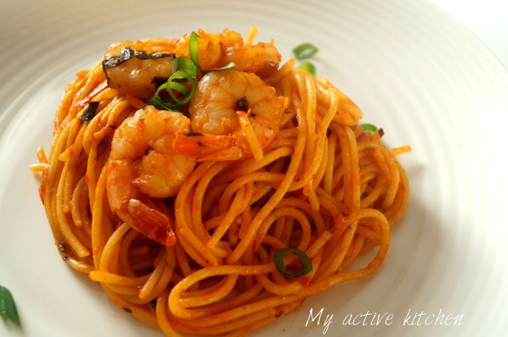 pasta and shrimps.