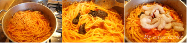 pot of pasta still in a pot with uziza and fresh shrimps