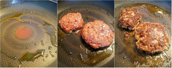 the brocess shot of frying beef patties