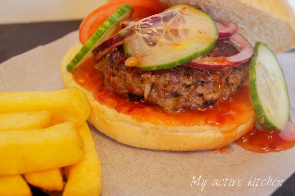 Suya burger and chips