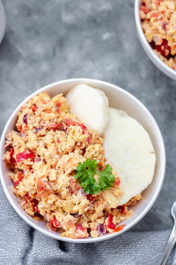 a bowl of yam and egg sauce.