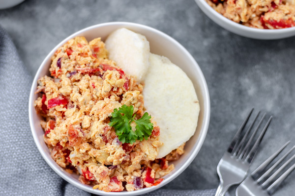 Nigerian egg sauce and boiled yam. 