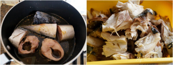 mackerel stake in a pot about to be cooked and the other image had mackerel flakes in a yellow bowl