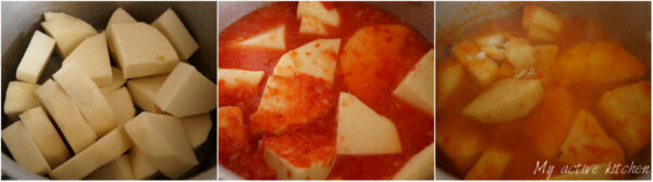 chopped peeled yam in a pan. the second image had the yam covered with blended pepper mix and the last image contain yam and pepper being cooked