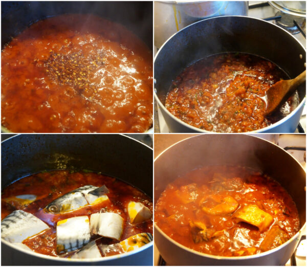 Mackerel stew in a pot with uziza