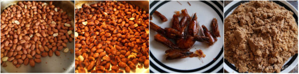 overhead image showing how to roast groundnut on stovetop and another image have ground peanut and dried prawns