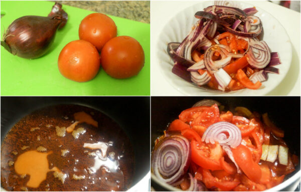 the process in making tomato sauce with onion and chopped tomatoes. this will be chopped and cooked in palm oil.