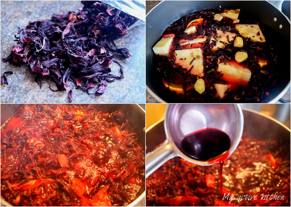 a collage image of how to make zobo drink. the images contains 4 collage with the image of dried hibiscus leaves, another image had the hibiscus leave boiling and steeping in a pot while the final image had a close shot of ready zobo dirink
