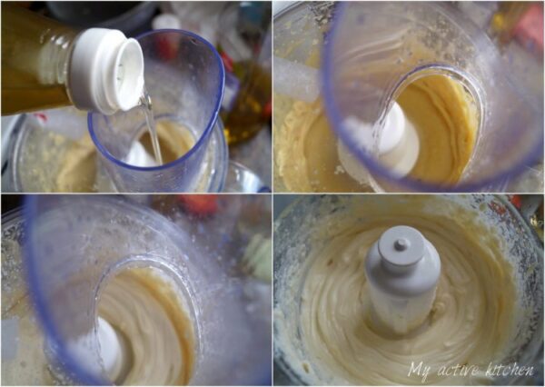 the process of making mayonnaise in a food processor.