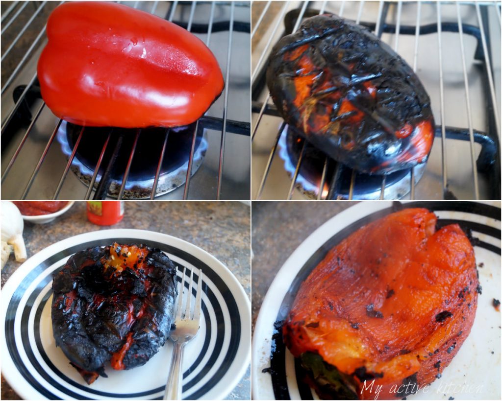 process shot of how to roast pepper on the stovetop.