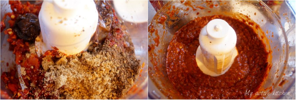 blending spices and charred pepper in a food processor.