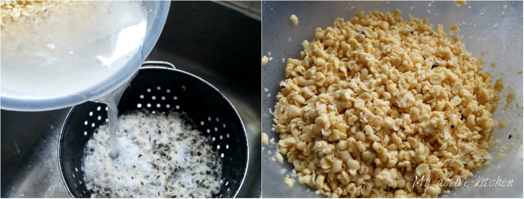 rinsing peeled beans.