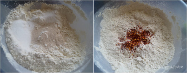 image collage, one picture have flour, yeast and sugar in it while the other bowl contained the same as bowl one but with chilli flakes 