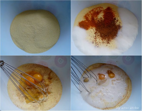 flour, eggs, sugar and whisk for semolina pancake.