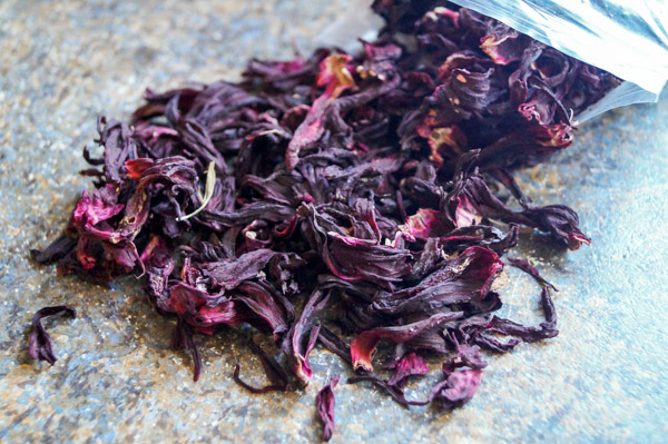 hibiscus leaves spread on a kitchen worktop