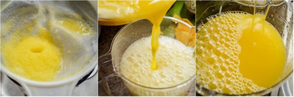 passing fruit puree through a sieve.