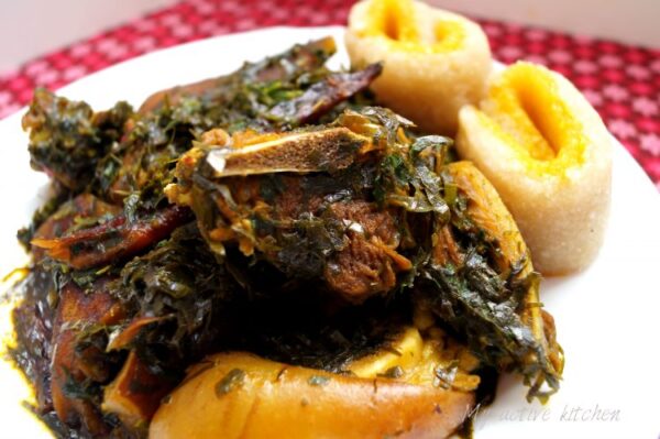 afang soup with two toned eba roll