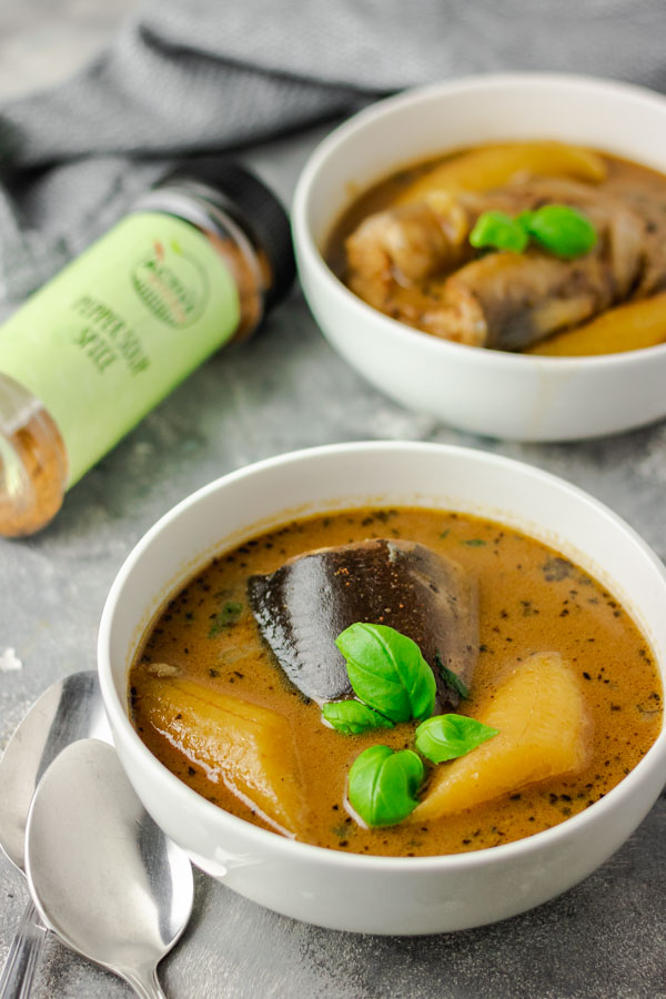 catfish pepper soup in two bowls.