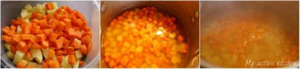photograph of cubed carrots and potatoes in a pan