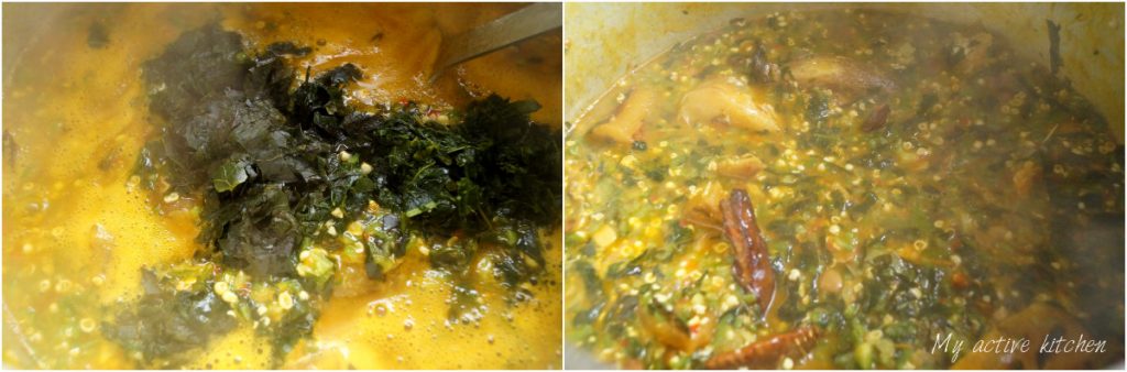 image collage of uziza added to okro soup