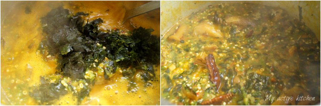 image collage of uziza added to okro soup