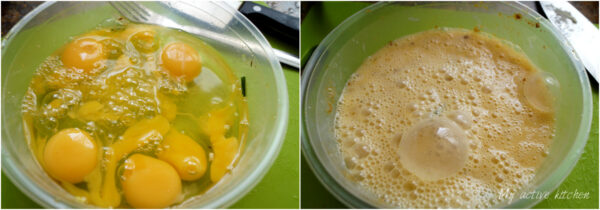 image collage; one image has six eggs cracked into it and the other bowl contained whisked egg