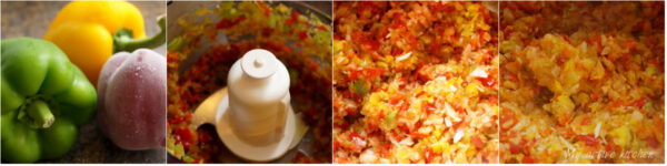 images collage with the process showing bell peppers being blended in a food processor