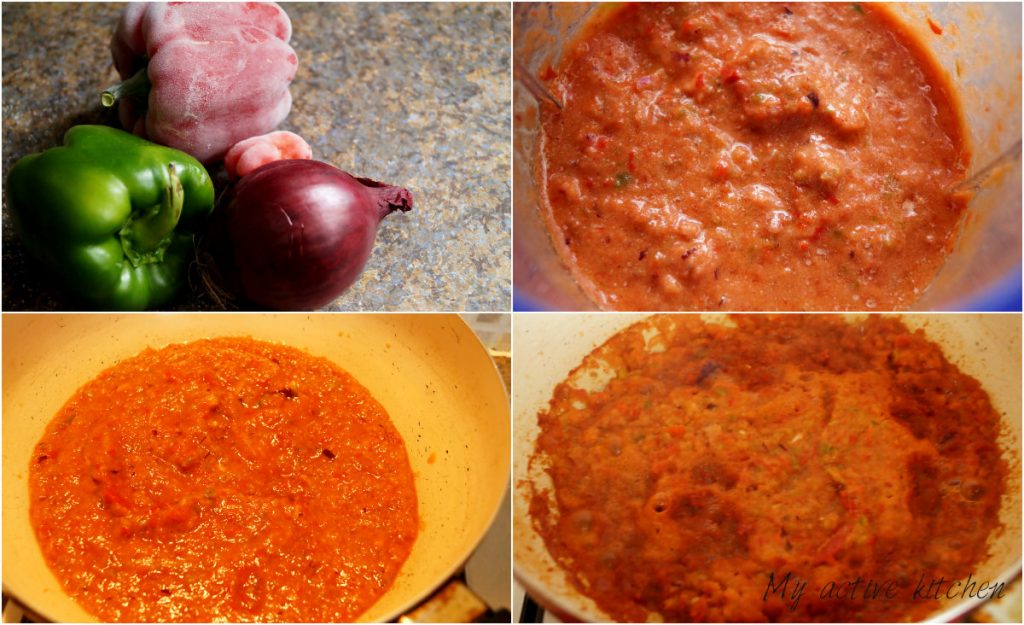 pepper mix in a blender and pepper mix in a pan simmering