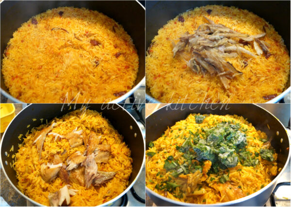 the process of making palm oil rice (native jollof rice) shown in 4 image collage.