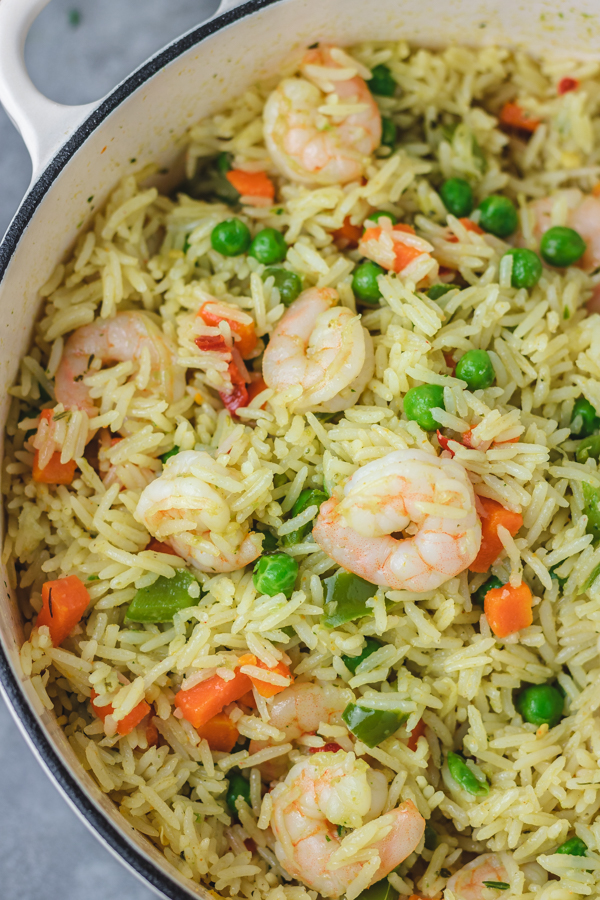 a skillet of fried rice.