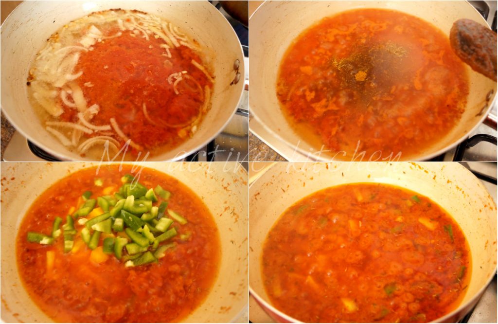 image collage of stew garnished with chopped green peppers