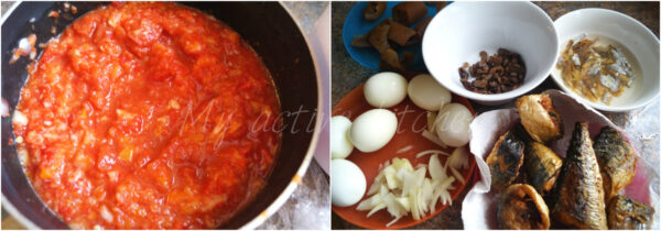 blended pepper, boiled eggs and fried fish.