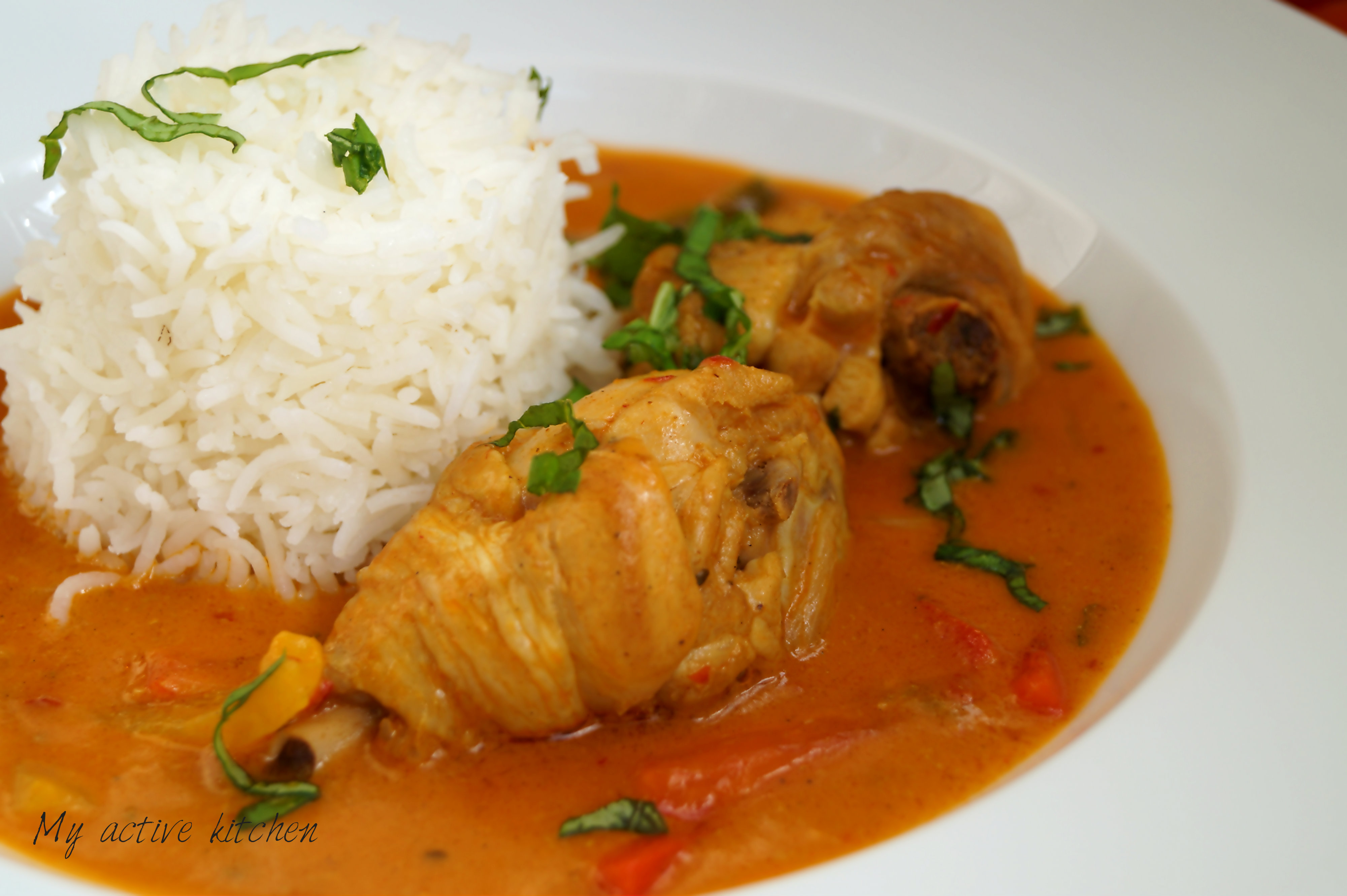 easy coconut chicken curry served with rice.