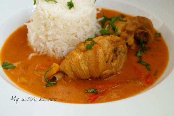 easy coconut chicken curry served with rice.