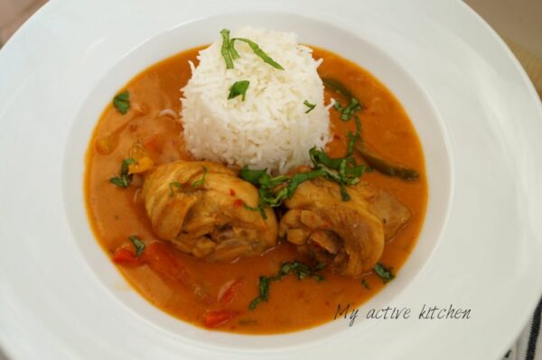 easy coconut chicken curry served with rice.