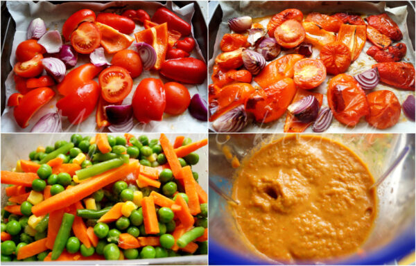 roasted peppers in baking tray and another image of the roasted pepper blended with mixed vegetable