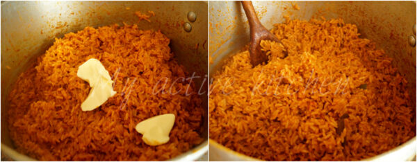 nigerian jollof rice in a pot with a knob of butter on it
