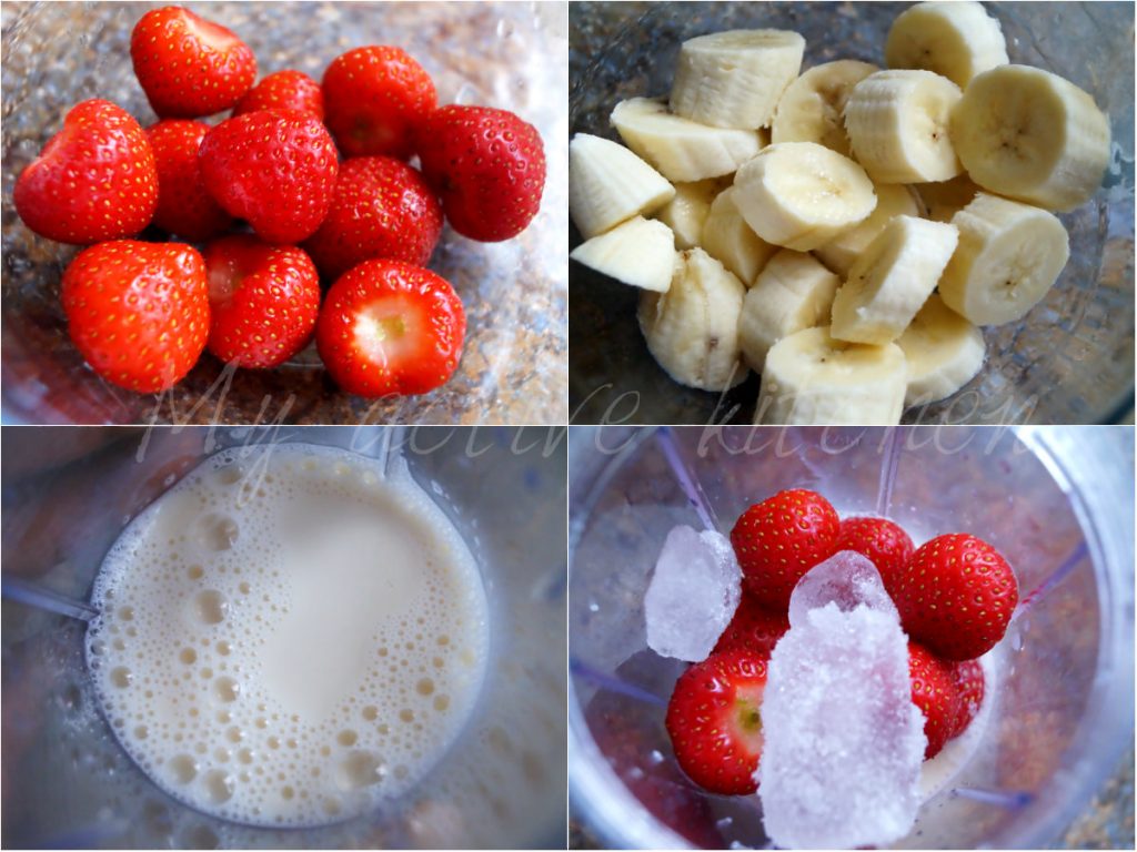 process shot of making Banana and strawberry smoothie.