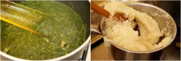 Stovetop eba and ewedu soup.