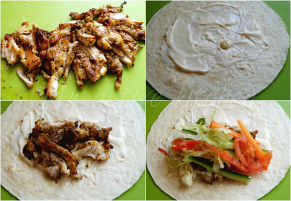 collage illustrating how to assemble chicken shawarma
