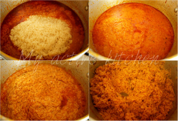 the process and stages of cooking nigerian jollof rice on a stove