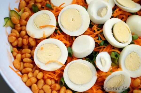 image of baked beans, carrots, spring onions and cucumber in a bowl