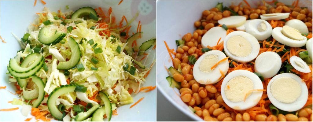 two images of salad. one with boiled eggs, baked beans and the other without